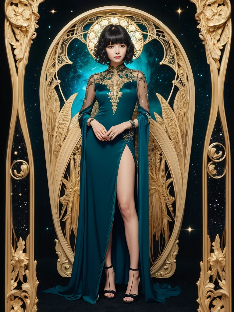 bending over,(Highest quality, Very detailed, masterpiece:1.2), 1 female, Very thin body, length, Thin legs, ((Black wavy short hair:1.2)), ((Thick and fluffy bangs)), Very detailedな顔,A faint smile, small, Thin Nose, small thin mouth, Extremely sharply focused eyes, Japanese, Beautiful Face, Realistic eyes, Beautiful and beautiful eyes, Realistic Skin, Beautiful Skin, charm, (Lively Faces), ((cosmic deco) theme:1.4), (luxurious high-neck silk gown in black with an intricate overlay of Art Nouveau cosmic designs in gold and teal:1.3), (complemented with matching teal velvet heels:1.3), (accessorized with matching cuff bracelet:1.3), Creepy and unique hairstyles, High resolution, Vibrant color palette, , Tim Burton's signature dark shadows and strange details, Shooting from below,