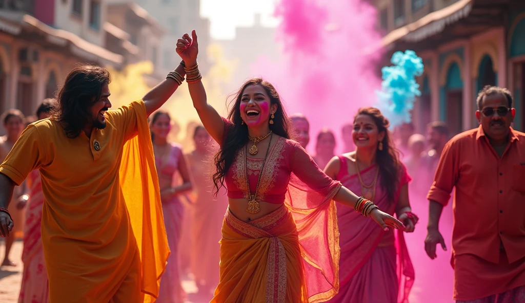  A lot of Indian people are dancing happily with colours and gulaal. Create an image that looks real.