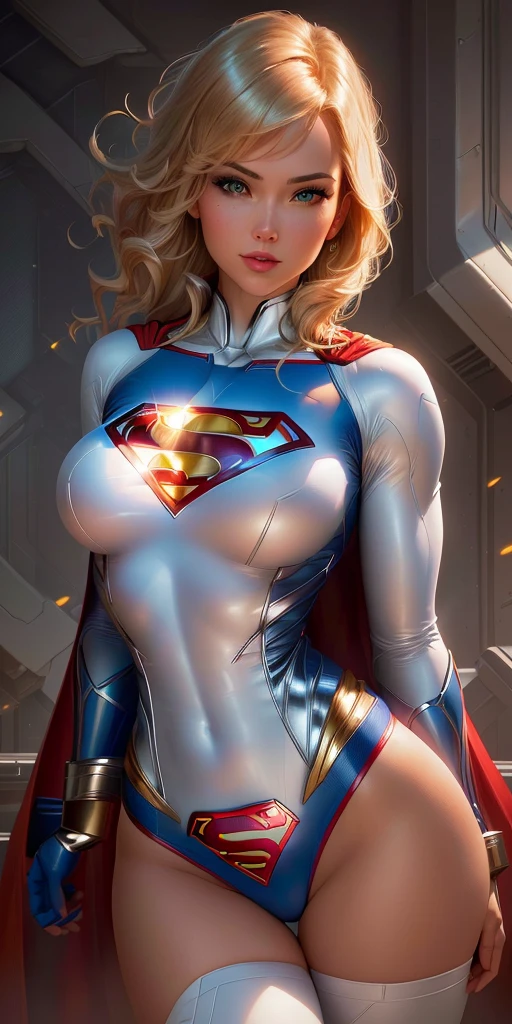 a close up of a woman in a superman costume posing, power girl, supergirl, extremely detailed artgerm, superhero body, super highly detailed, super detailed and realistic, artgerm julie bell beeple, trending artgerm, chris moore. artgerm, super photo realistic, ultra mega super hyper realistic, super-hero girl, beautiful comic art