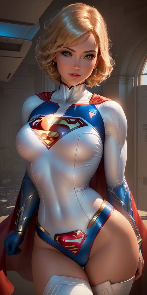 a close up of a woman in a superman costume posing, power girl, supergirl, extremely detailed artgerm, superhero body, super highly detailed, super detailed and realistic, artgerm julie bell beeple, trending artgerm, chris moore. artgerm, super photo realistic, ultra mega super hyper realistic, super-hero girl, beautiful comic art