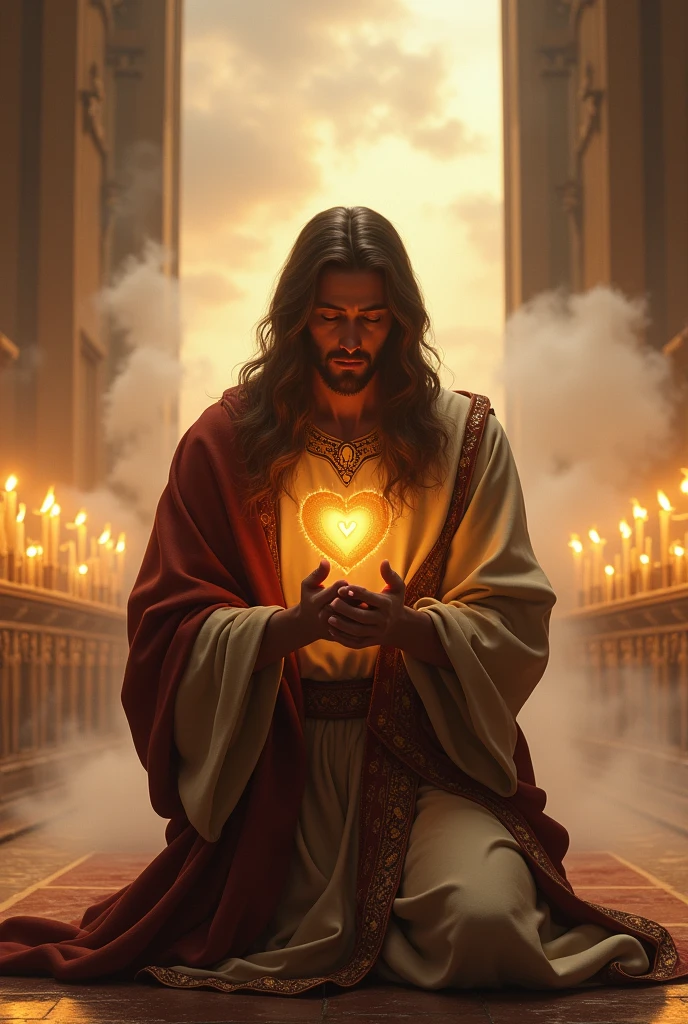 (photorealism:1.2), Crying handsome Jesus Christ, kneel praying under the altar of the priest that full of clouds and sorrounded of many candles, wearing brown king clothes with light in his head and heart spreading all over, perfect five finger, long beautiful nice view of hair, indoors, high lighting, clouds in background, beautiful light, perfect church and clouds, relaxed pose, realistic, intricate details, light colors,