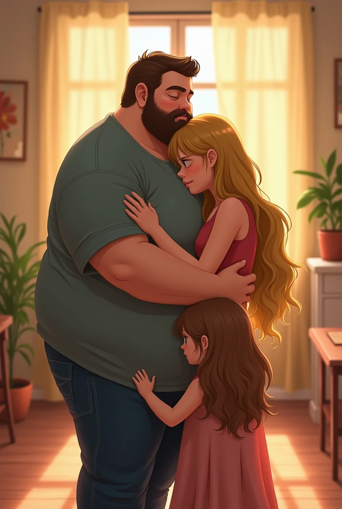 Father fat with baby daughter brown curls in his arms, and elementary school daughter holding hands blonde long hair With her back to me