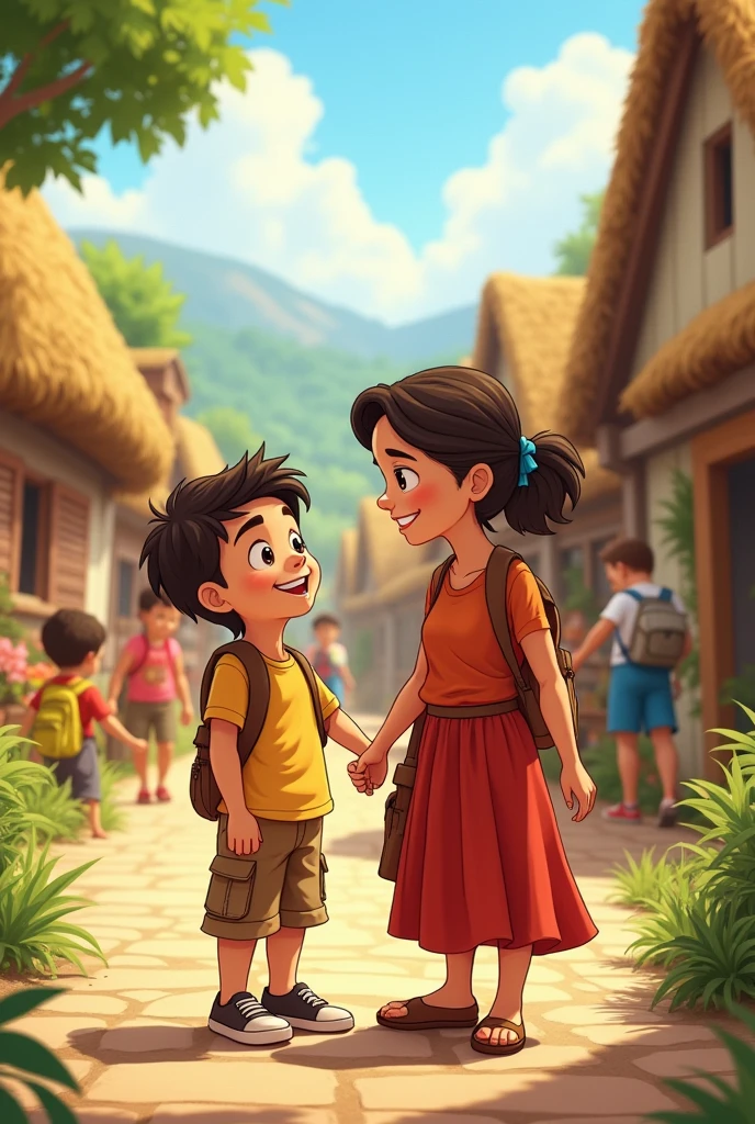 A cartoon character young boy is standing with his mother in village and many peoples are seen to them