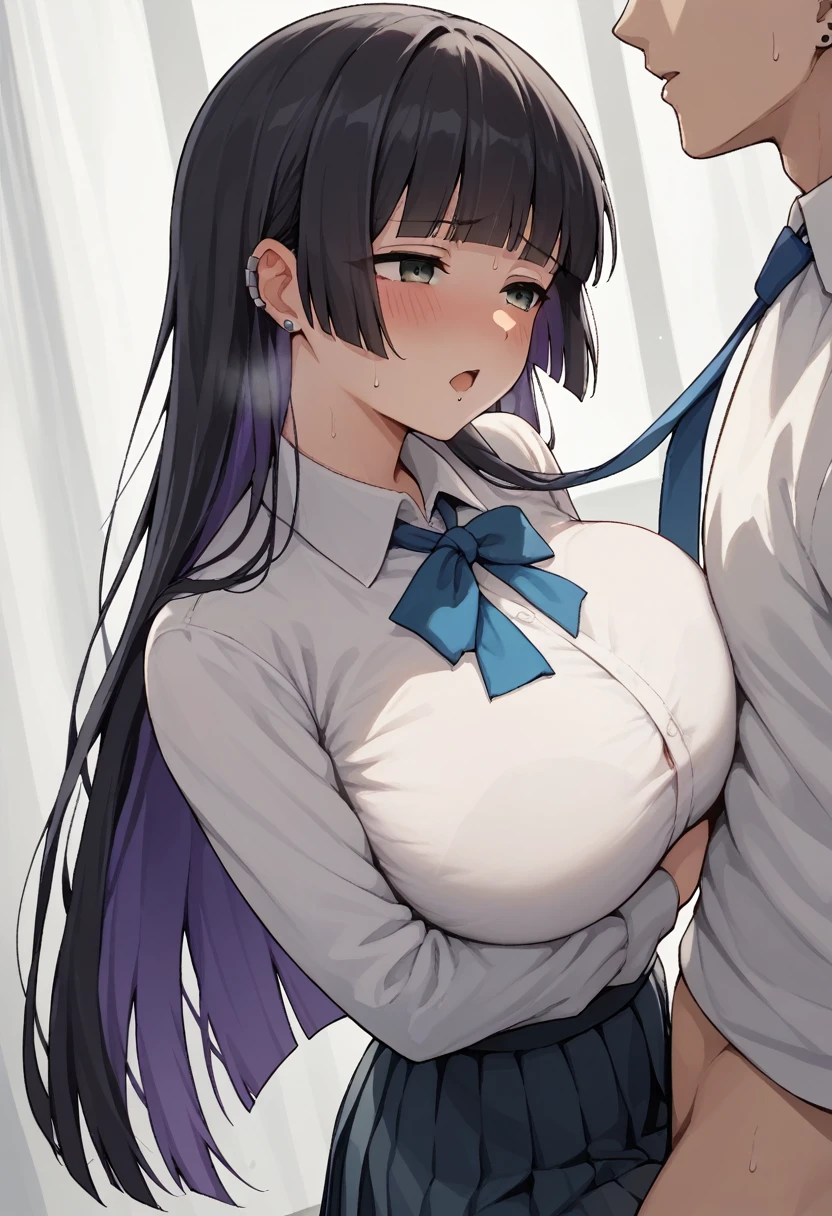 Huge breasts、blush、Sweat、In the heat、pass, Black Hair, Blunt bangs, blunt end, chin Earrings, Inner hair color, ear Earrings, Grey Eyes, Hime cut, Long Hair, Medium Bang, Multicolored Hair, Earrings, Purple Hair,
{Highest quality}, {so beautiful}, {Very detailed}, {Best illustrations},Life、slim:1.5、school uniform、White shirt、Grey pleated skirt、Blue Tie Ribbon、Are standing、sex,