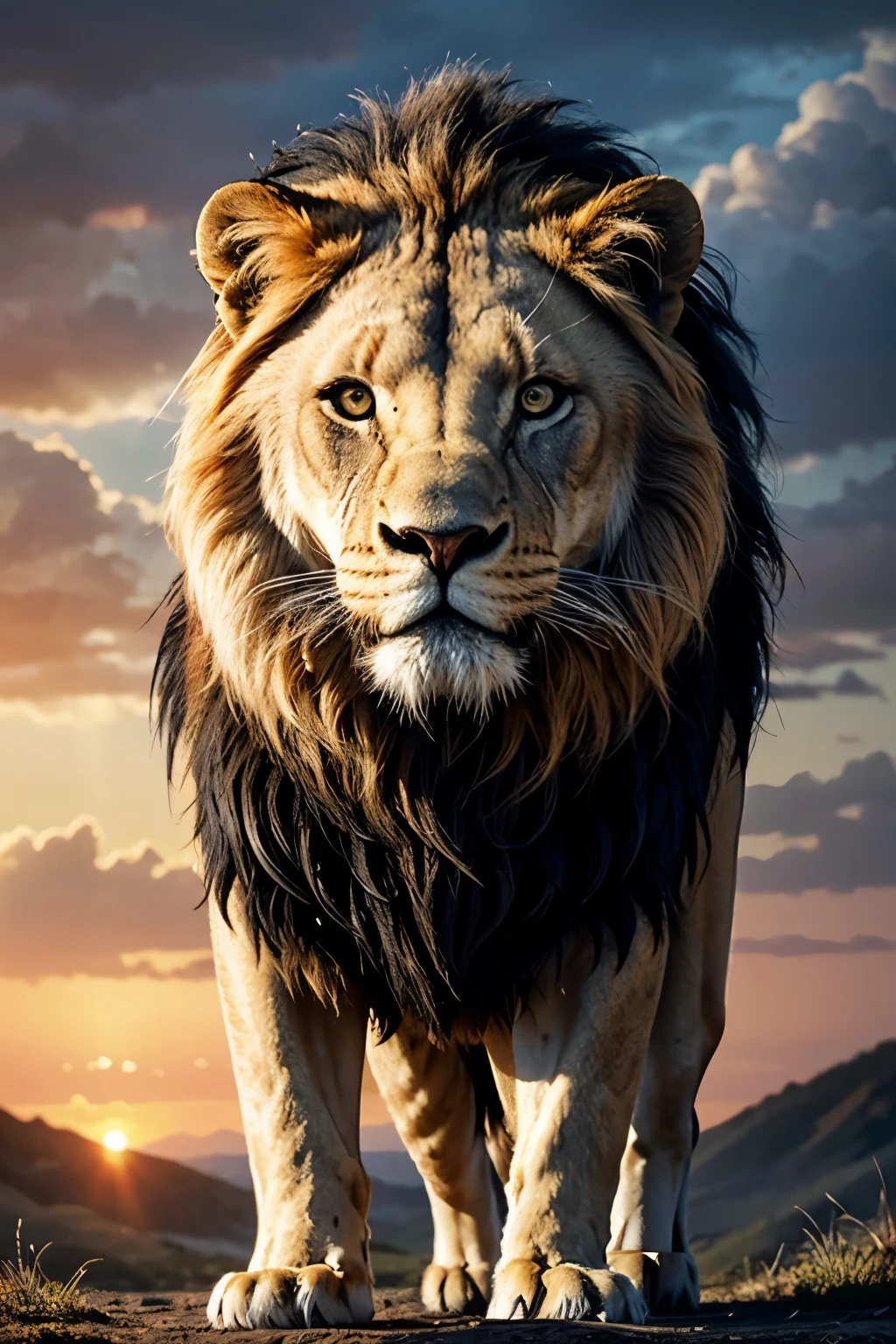 lion, natural, nature, nature, beautiful, photorealistic, ultra high definition, 4k, detailed textures, thunder, detailed shadows, detailed colors, sunset, setting sun, sunset, beautiful nature, great divine, sunset, detailed contrast, realistic contrast, high resolution, detailed colors, fire, electricity, divine creature, 8k, detailed realistic, 16k, 8k, high definition
