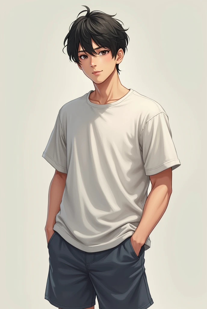 Height 169cm, 78kg, Japanese male, center parted, perm, similar to Hikakin, no glasses, single eyelids, thickened, short sleeves, shorts, 29 years old