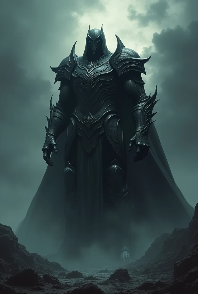 death god, wearing heavy black armor under a black sky.