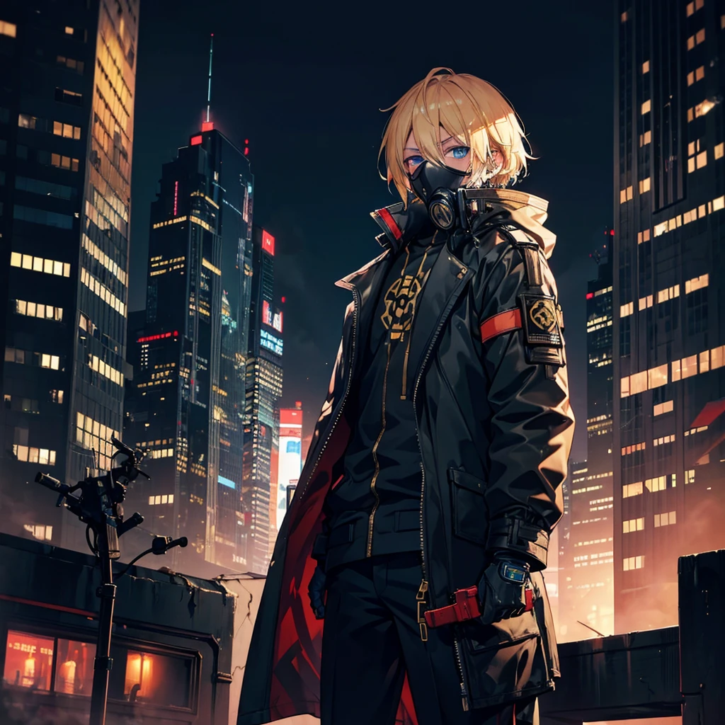 1 male,Adult,Blue eyes,gas mask,Golden hair color,Medium Hair,Cyberpunk clothing,night,Near future city,Standing with a gun on the rooftop looking at the view,Calm expression,Muscular,Tattoo