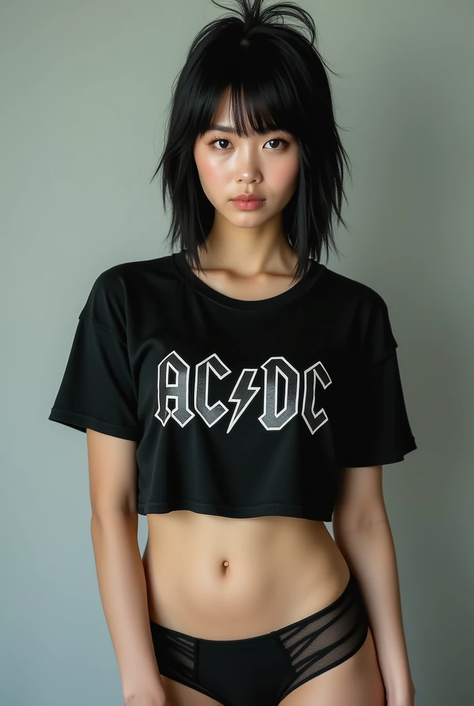 Close-up of Asian woman with somewhat round face, with black hair and a wolf cut style, a little overweight but not too much, with a black AC t-shirt/DC and some black panties, only showing part of her abdomen with a few small strips and her large thighs