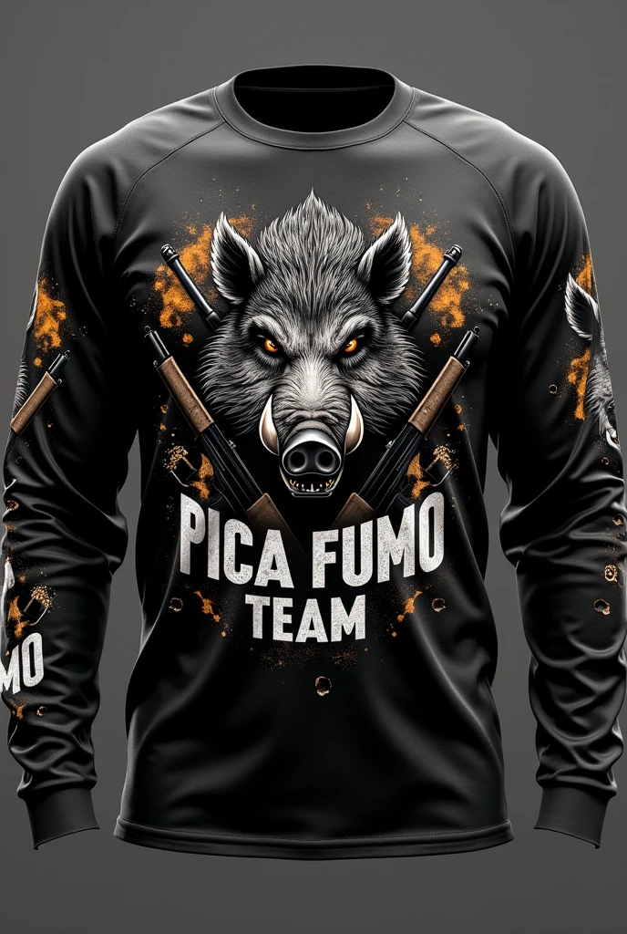 CREATE A LONG SLEEVE MILITARY SHIRT PATTERN , WITH A SCARY BOAR LOGO WITH IMAGES OF 556 RIFLES AND AMMUNITION WRITTEN ON IT "PICA FUMO TEAM " AND BULLET HOLES , MORE MILITARY MODEL BLACK COLOR