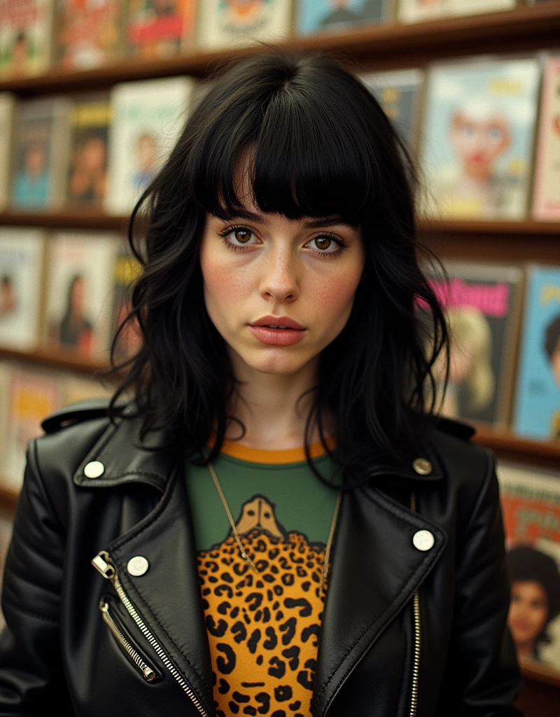 60s era rocker girl, about 25-tears-old, black hair, bangs, old worn leather jacket, pins, leopard print t-shirt, garage rock style, retro, vintage magazine photo aesthetic, vivid lurid colors, intricate, americana vibe, sharp contrast, Technicolor, in a record store