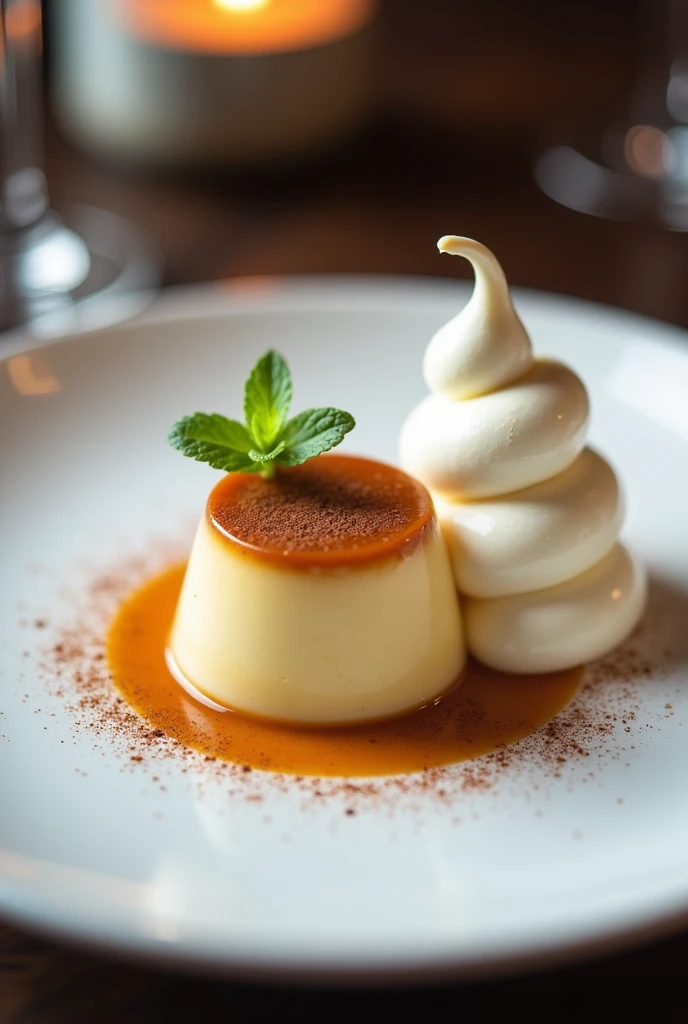 Pudding served at a chic restaurant。There is a pudding on the plate、Whipped cream is served next to the pudding.。
Please provide an image of size 1500 x 500.。