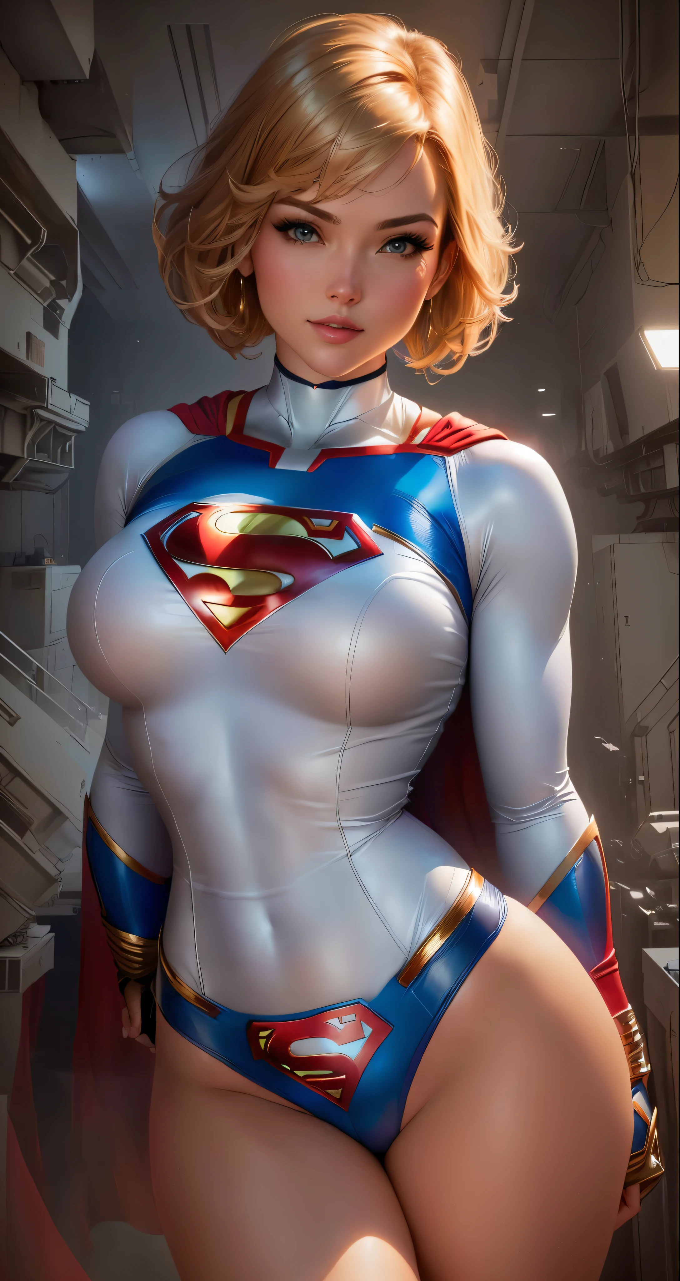 a close up of a woman in a superman costume posing, power girl, supergirl, extremely detailed artgerm, superhero body, super highly detailed, super detailed and realistic, artgerm julie bell beeple, trending artgerm, chris moore. artgerm, super photo realistic, ultra mega super hyper realistic, super-hero girl, beautiful comic art,different outfit on every pose,voluptuous