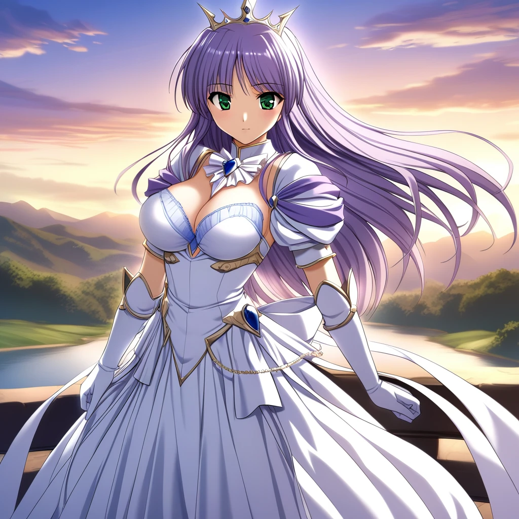 One person,
Outdoor,
Cowboy Shot,
Twilight,
Break Yoakena, Finafam Earth Light, Green Eyes, Long Hair, Purple Hair,
dress, gloves,Crown, jewelry, Cleavage, Princess,elbow gloves,tiara,brooch,white gloves,
Blake's masterpiece, Highest quality,	large breasts,bra lift,