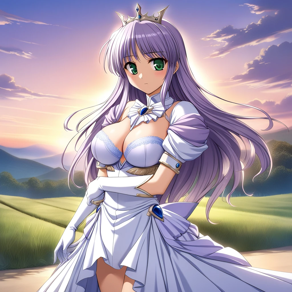 One person,
Outdoor,
Cowboy Shot,
Twilight,
Break Yoakena, Finafam Earth Light, Green Eyes, Long Hair, Purple Hair,
dress, gloves,Crown, jewelry, Cleavage, Princess,elbow gloves,tiara,brooch,white gloves,
Blake's masterpiece, Highest quality,	large breasts,bra lift,