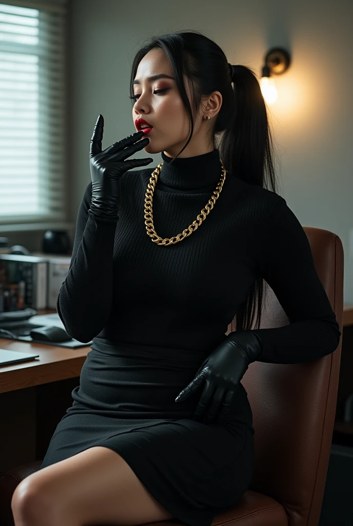 photo of a good class looking (( eyes closed moaning of pleausure)) horny sweated office secretary man cross dresser at 35 years old doing a blowjob ,(( red lipstick )) (( long black ponytail hair)) ((the man has a black long maxi-skirt:1.2 and a black turtleneck sweater with a gold chain )), (( he is wearing his favorite black gloves )) (( black high knee boots)) ((it's very cold, and everyone is full dressed)) (( he is wearing his favorite black gloves )) (( huge cumshot ))