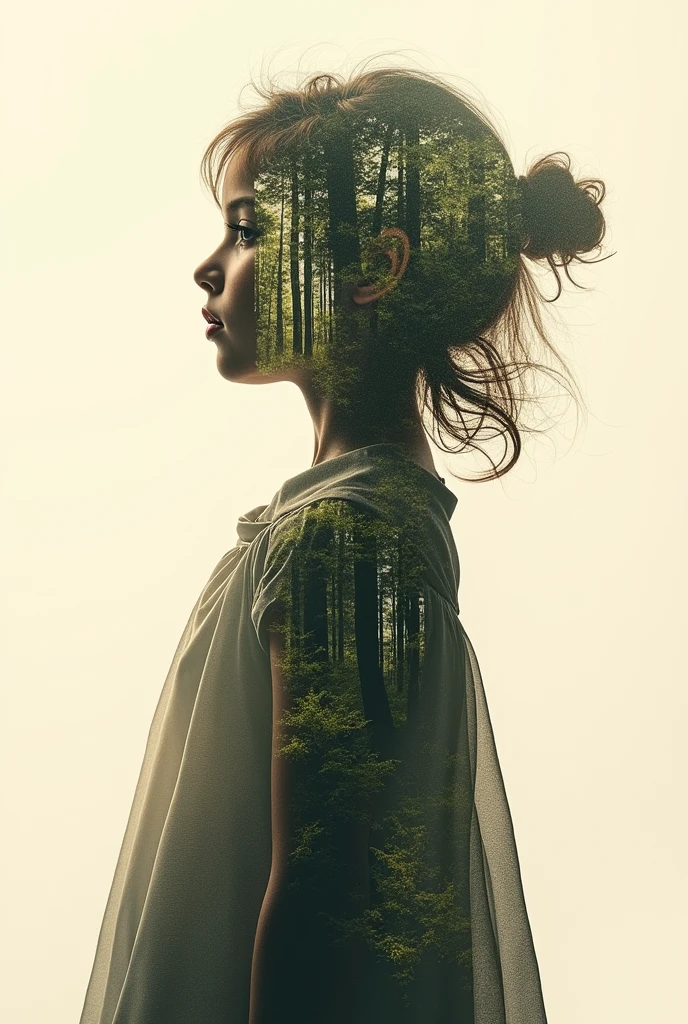 Top quality, super detailed, UHD, silhouette of a girl filled with forest, beautiful double exposure, crisp lines, sepia background, sharp focus, double exposure, masterpiece