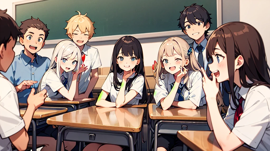 The background is a classroom。The boys and girls are laughing out loud with big, happy smiles.。The five fingers are drawn in a natural way.