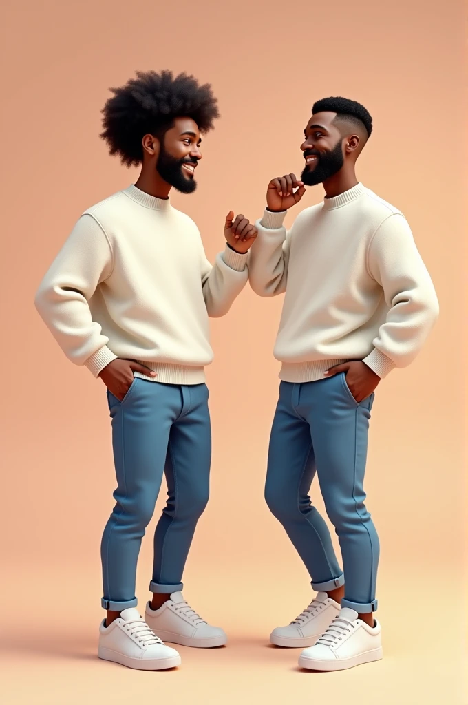 Two African American men, wearing white sweater, blue jeans and sneakers. Disney and Pixar like. Highly detailed. Plain background.