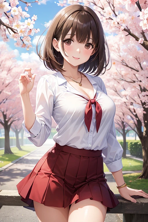 anegasaki nene、Shiny brown hair, short hair, (Beautiful brown eyes、Sparkling eyes, Fine grain)、smile、Ultra-detailed eyes、Very detailed顔, Very detailed目,


{{{masterpiece}}}, {{{Highest quality}}}, {{Very detailed}}, {One person}, Very detailed, 
Under the cherry blossoms in full bloom, Mature woman in a white shirt and a red miniskirt,  Red cheeks, Look at me, masterpiece, Cherry blossoms fluttering, Good weather, necklace, Cleavage, Inner thigh, shake ,smile,