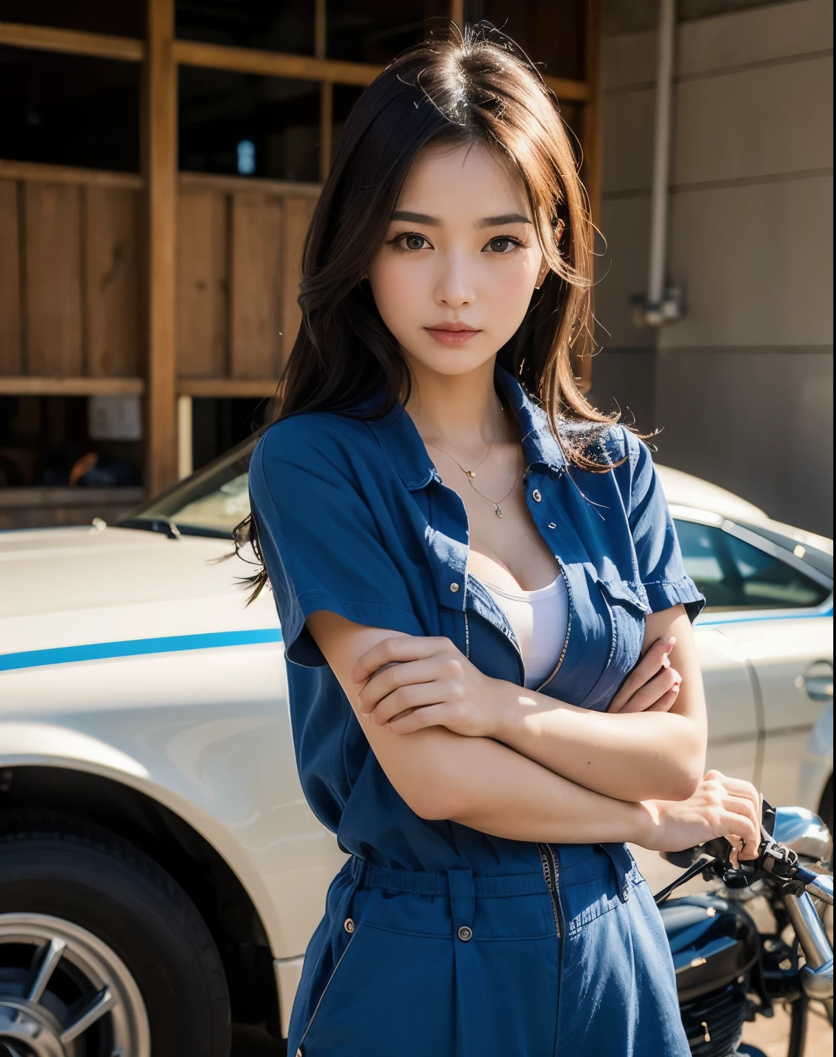 You are a professional photographer。masterpiece、８K、Highest quality, Soft Light, Ultra-high resolution, (Realistic:1.4), RAW Photos,24 years old Japanese, alone, cute, (pupil, Light in your eyes),  Beautiful face in every detail, (Small box),(High resolution detail of human skin texture),Cleavage
、American motorcycle repair shop、Harley mechanic、Work Style、Wearing a jumpsuit、Wear long-sleeved work clothes、Roll up your sleeves、Accurate background、Get on a bike、
、(Portraiture)