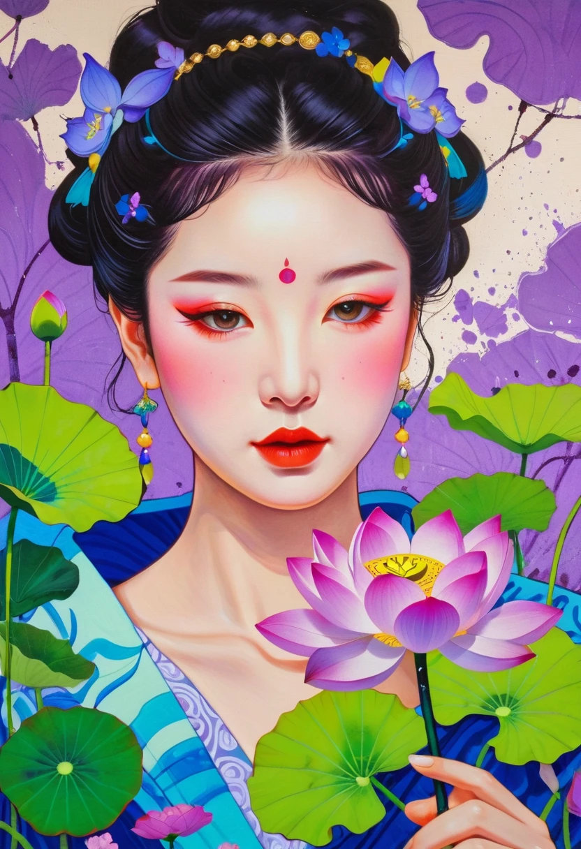 A painting:(((Colorful black,Chalk painting,Oil stick painting,Volume,Thick coating,Uneven texture,Plaster texture,Graffiti)))。Colorful black,Chinese girl in lotus leaf,Exquisite makeup, Bright colors, Purple和, cute的, Bright colors,cute, Lavender Color and Color Schemes, 和Purple的配色方案, Beautiful Art, Purple, Whimsical Art, 和Purple色调, Lime and Violet, Close together,, spring, Inspired by Tomokazu Matsuyama, Delightful
