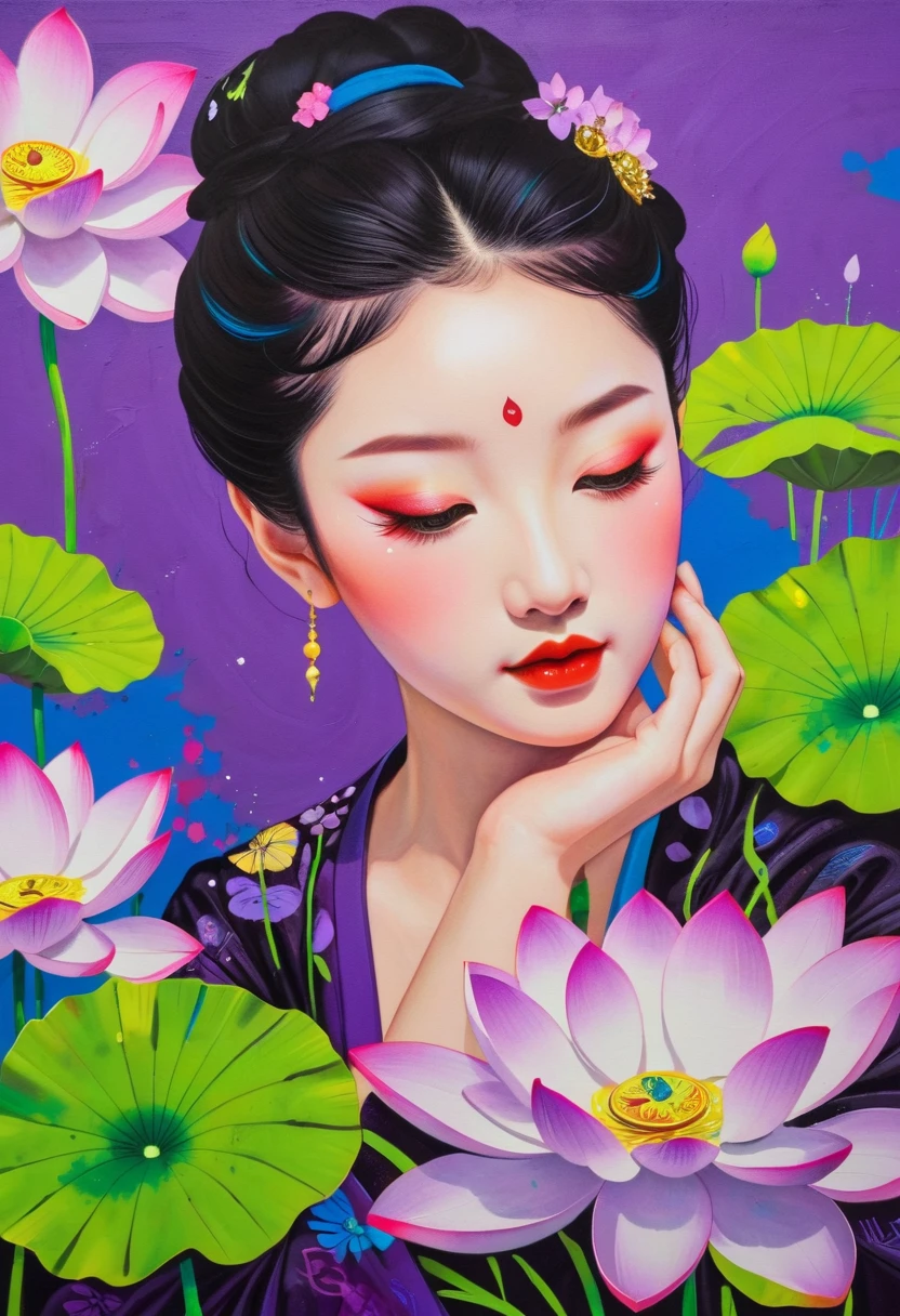 A painting:(((Colorful black,Chalk painting,Oil stick painting,Volume,Thick coating,Uneven texture,Plaster texture,Graffiti)))。Colorful black,Chinese girl in lotus leaf,Exquisite makeup, Bright colors, Purple和, cute的, Bright colors,cute, Lavender Color and Color Schemes, 和Purple的配色方案, Beautiful Art, Purple, Whimsical Art, 和Purple色调, Lime and Violet, Close together,, spring, Inspired by Tomokazu Matsuyama, Delightful