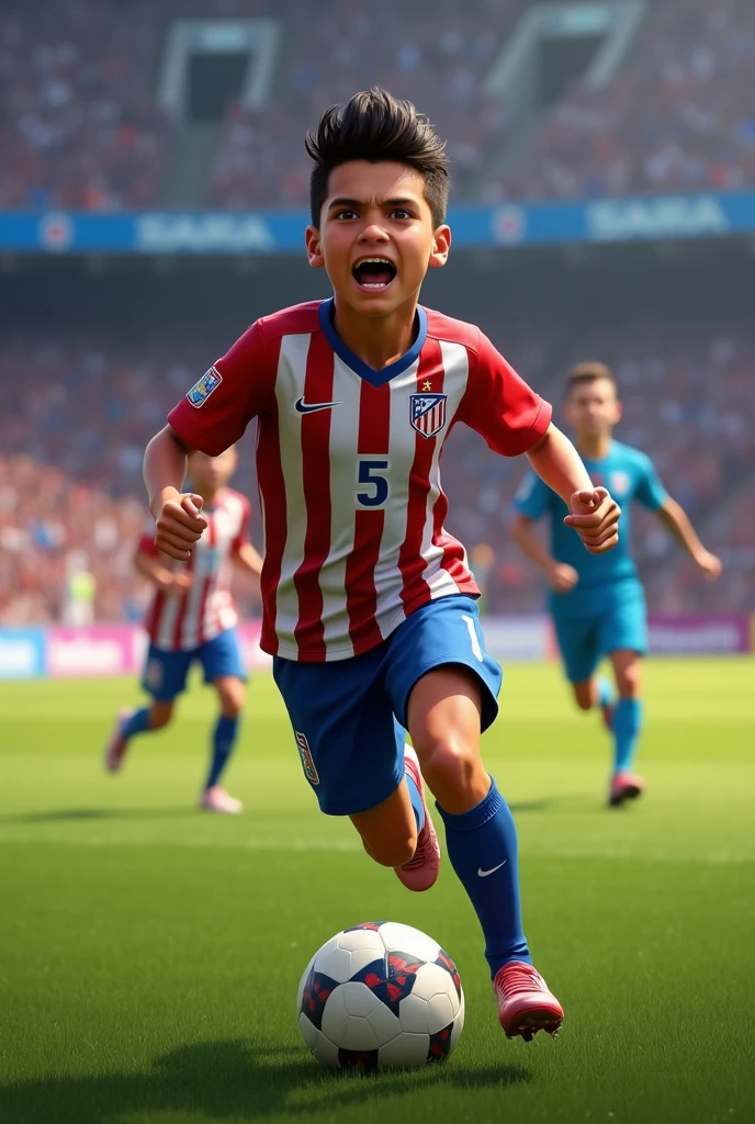 Player from the youth category of the Ceramic Atlético Club team called Davi, 13 years old, shirt 5, celebrating the realistic goal
