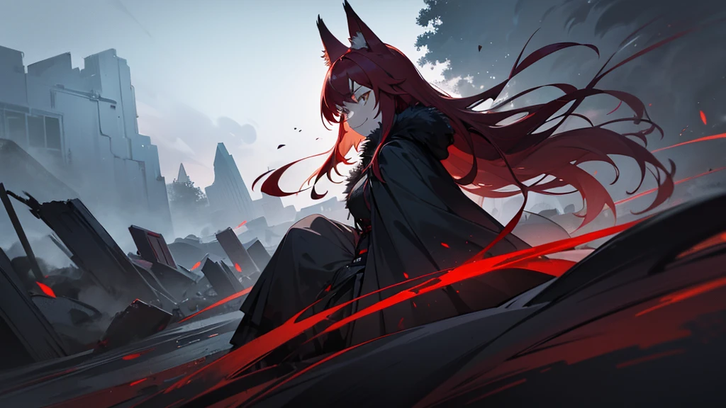 1girl, solo, from side, full body, long red hair, green eyes with vertical pupil, fox ears, long black coat, fur hood, scarlet fox tail, white tip, vertical scar on right eye, wide smile with sharp teeth, arrogant look, (face and clothes stained with blood), vertical scar, background - gray earth and sky, corpses and blood on the ground, smoky clouds, dark tones