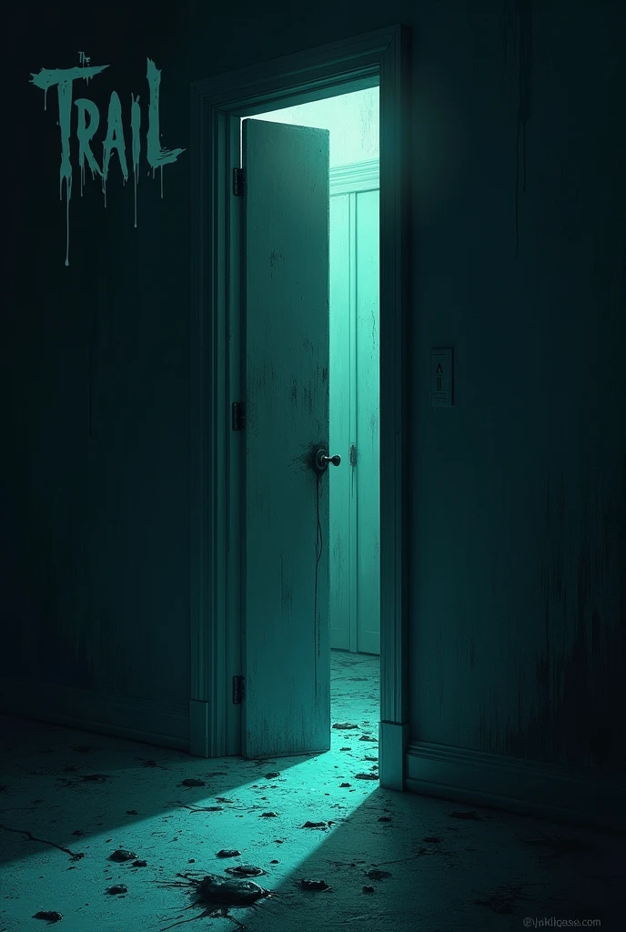 a cover that is all dark and has a half-open closet with a light coming out of it and slime in some places with the name the trail ( in drawing)