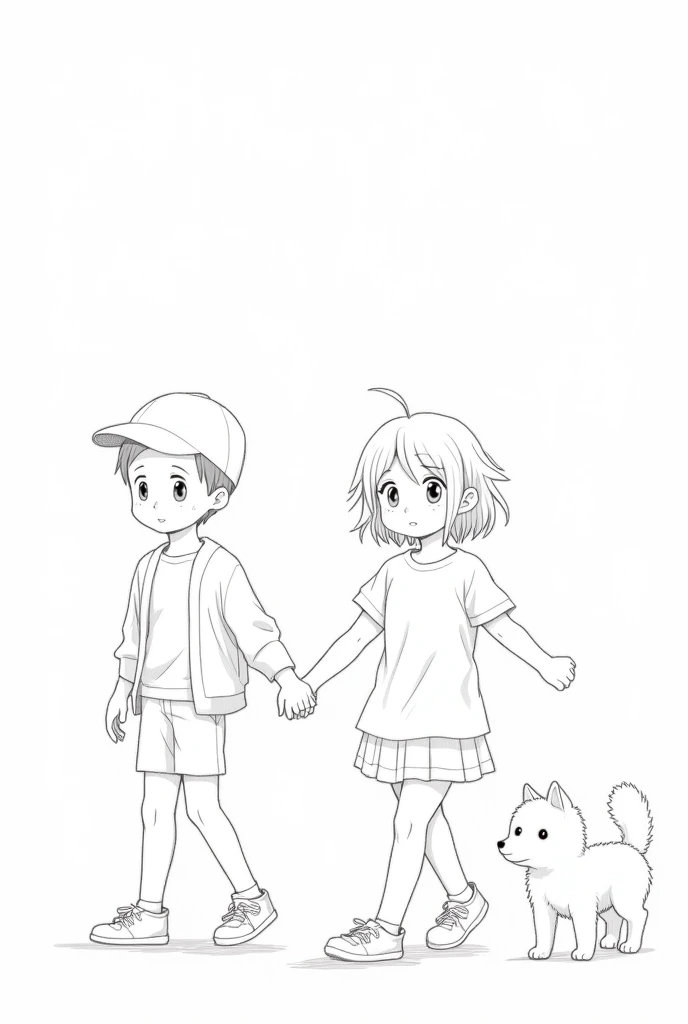Manga style line art of a boy walking holding hands with a girl and a , smiling and playing
