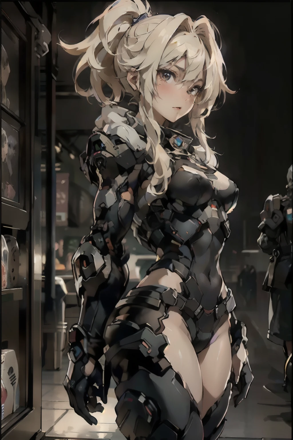 ((best quality)), ((Masterpiece)), (details:1.4), 3d, HDR (high dynamic range), an image of a beautiful cyberpunk female, Hight ponytails, Blonde hair, Red eyes, จมูกโด่ง, ปากแดง, หน้าอกใหญ่, nvidia RTX, PBR surface, After processing, Anisotropic filtration,depth of field, Maximum clarity and clarity, multi-layered surface, Subsurface scattering, perfect proportions, 8K raw files, ความละเอียดสุดยอด, Unreal 5, Perfect proportions, Octane Render, Two-tone lighting, Wide aperture, Low ISO, รายละเอียดดวงตา, crusader, Heavy Black armor, Fierce, Black helmet