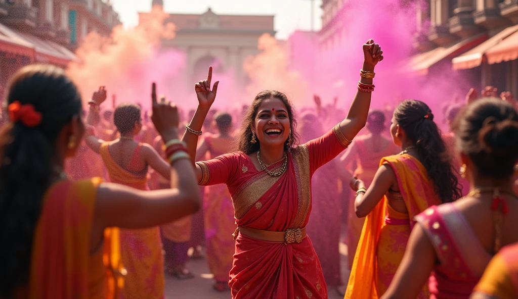  A crowd of Indian people are dancing happily with colours and gulaal. Create an image that looks real.