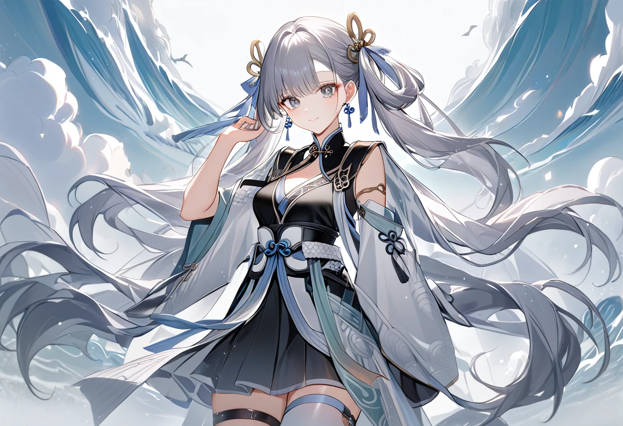 ,JinshiWW, long hair, twintails, hair rings, hair ornament, JinshiWW, long hair, twintails, hair rings, hair ornament, earrings, chinese clothes, two-tone dress, black dress, white dress, cleavage cutout, armlet, white thighhighs, wuthering_waves jinhsi_(wuthering_waves) absurdres highres 1girl blue_sky chinese_clothes cleavage_cutout clothing_cutout cloud day dragon earrings grey_eyes hair_ornament hand_on_own_ear jewelry light_smile long_hair looking_at_viewer mole mole_under_eye pale_color sky thigh_strap thighs white_hair