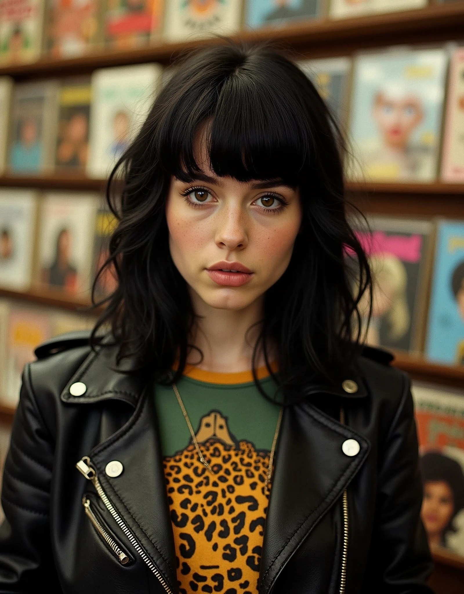 60s era rocker girl, about 25-tears-old, black hair, bangs, old worn leather jacket, pins, leopard print t-shirt, garage rock style, retro, vintage magazine photo aesthetic, vivid lurid colors, intricate, americana vibe, sharp contrast, Technicolor, in a record store