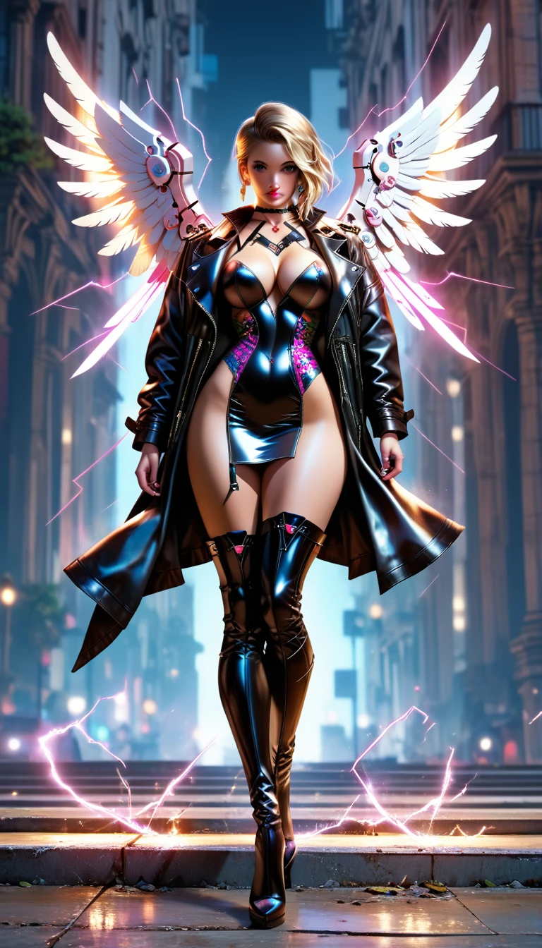a picture of an mecha angel wearing black leather jacket, ((full body: 1.5)), exotic beautiful angel ((anatomically correct: 1.5), (ultra detailed face: 1.2), best detailed face, , folded wings, white angel wings, (white mecha armor: 1.3), she is wearing ((black leather jacket: 1.5)), intricate leather jacket, loose leather jacket, glam leather jacket, jacket has metallic studs, wearing silk dress, (dynamic color dress)), wearing thigh high heeled boots, cyberpunk church background, , vibrant, Hyperrealism style, vibrant, Ultra-high resolution, High Contrast, (masterpiece:1.5), highest quality, Best aesthetics), best details, best quality, highres, ultra wide angle, 16k, [ultra detailed], masterpiece, best quality, (extremely detailed) RAW, feathered wings, Hyperrealism style