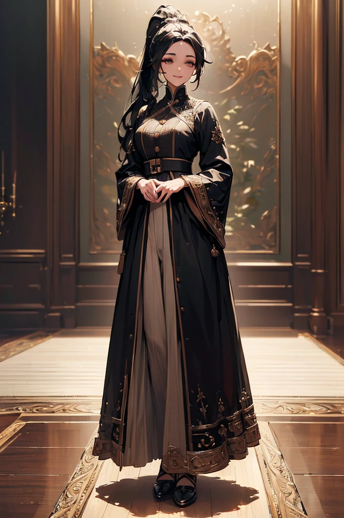 ((((High resolution, Intricate details, masterpiece, 8k)))), (((beautiful, Empire style))), ((One Woman, full body, Are standing)), (Black Hair, Long Hair, ponytail, slender), from front, looking at viewer, look at viewer, Red cheeks, smile, Inside the room, noon, bright,