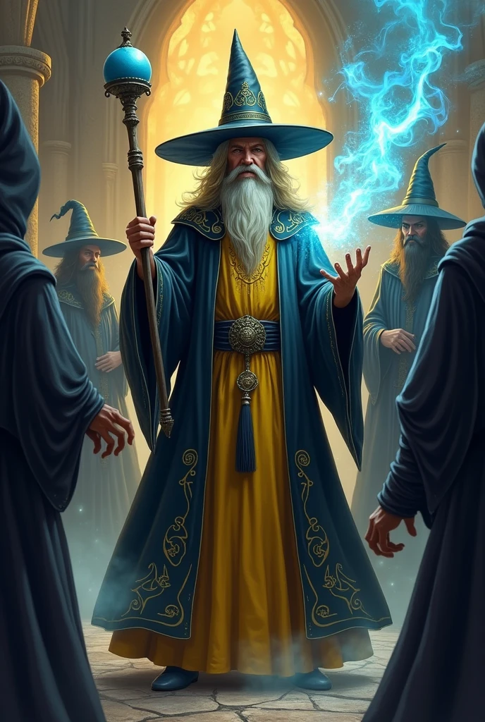 Wizard with black and dark yellow tunic, with dark golden colored hair and beard, pointed hat and a small stick in his hand with a blue ball on the tip, in the middle of a room fighting against other dark colored wizards