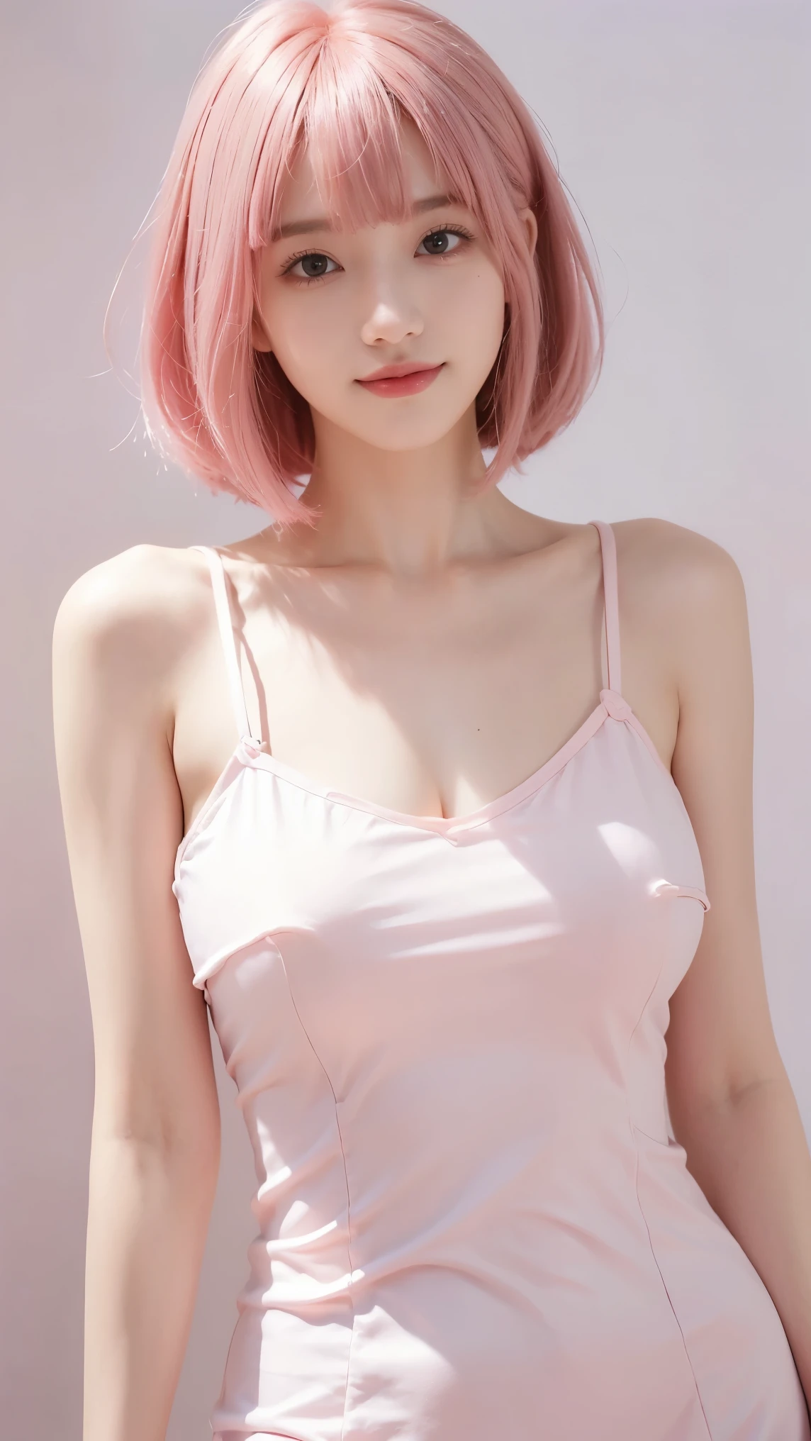 ((masterpiece、best quality))、short hair, ((pink wave hair color)),White background, shape、super detailed、8k、actual、sharp focus、Very detailed、professional lighting、spotlight、Colorful details、Detailed texture,A stunningly beautiful girl,Wearing a transparent cheongsam,(most suitable hairstyle:1.4)、(in the most helpful way:1.3)、(Half-length photo:1.4)、big breasts、、18 years old、Smile、