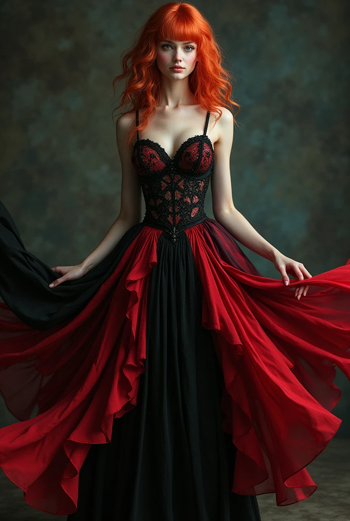 Redhead girl in long black and red dress full body ,more than one position