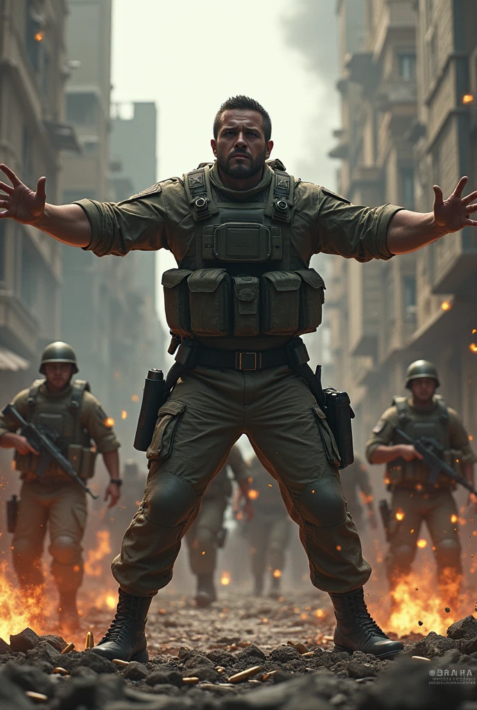 Create an image : a soldier protecting all the people of country by shoot himself by bullets 