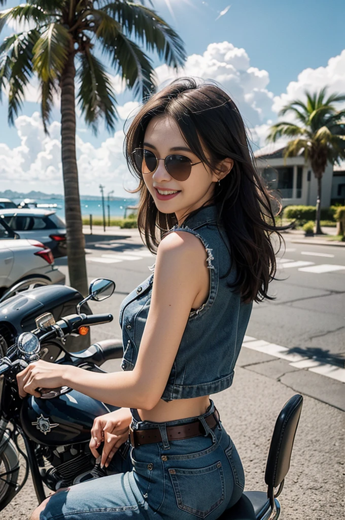 Best image quality、Ultra-high resolution、Tabletop、Photo quality(Realistic:1.8)、pores、Accuracy、Japanese women、23-year-old girl、Black-haired、cuteえくぼ、Young Face、cute、Short Bob、Slender、Small breasts、 Flat Chest、To the camera、Turn your body forward、Gravure Beautiful Girl、whole body、Gulf Road、Palm tree、Denim vests、Denim pants、Leather Belt、Teardrop Sunglasses、blue sky、White cloud、Light of the sun、Reflective plate、chopper motorcycle、 pull back handle bike、 easy rider style、Harley-Davidson、sit astride a motorcycle、protrude、Laughing with your mouth open、White teeth、Happily、Look straight ahead、