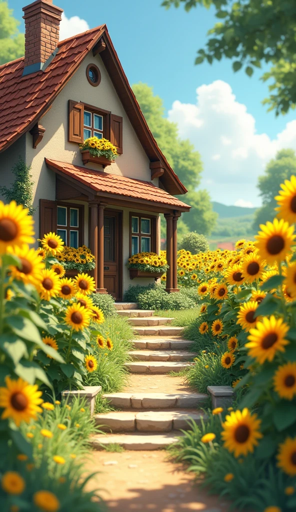 Sunflower-Filled Garden": A cute country cottage with a garden overflowing with tall sunflowers. The cottage’s windows are open, and flower boxes filled with sunflowers add a cheerful touch. A path of stone steps leads to the front door, inviting visitors inside. [Digital illustration, inspired by Studio Ghibli and Hayao Miyazaki, with a touch of realism in the architecture and the foliage], [Bright, sunny lighting, focus on the garden and sunflowers, shallow depth of field, blurred background of the countryside, realistic textures, rich colors].