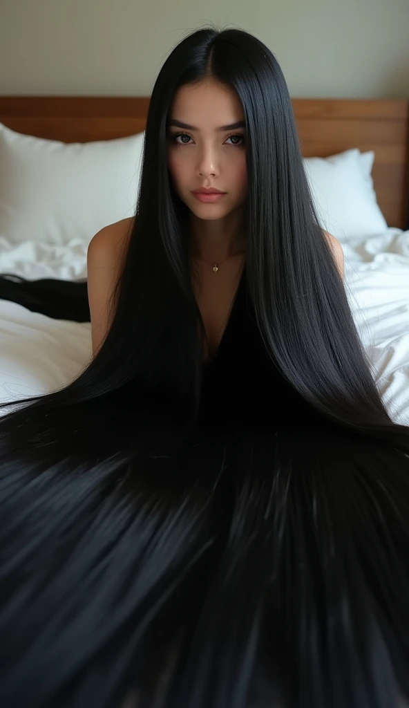 Super Long Hair Contest Winner、Full body photo、Head to toe photos、Taken from about 4 meters away、ultra-realistic、The longest black hair in the world、Hair longer than Rapunzel、She has very long black hair that covers her entire body...、Hair that is shampooed every day is so beautiful、I's hair isバラの香りがして、My very long black hair makes me look sexy.、My charm is my long black hair、Long black hair is a symbol of beauty、I'I am proud of my long black hair、This long hair length and volume is admired around the world.、Her very long black hair is fanned out、Smooth black hair that flows from shoulders to floor、I have a lot of hair、Cover the entire bed with hair、Hide your hands with your long hair、Hide your fingers with your long hair、A storm of black hair about to overflow from the screen、,Full body photo,超Super long hair、naked、the most Beautiful Hair in the world、Lie on your back in bed、Long hair covering her vagina、White underwear or naked、Cover the whole body with straight hair、Very beautiful face、beautifully styled black hair、Very large amounts of hair、Super long hair that accentuates femininity'sexly、Slim figure、Beautiful and shiny hair、Bright lighting、Professional Lighting、Full body photo、Black hair contest winner、the place is a bedroom、My hair is reaching the floor and dragging、Full of black hair、She is leaning on the bed, Show off your long hair.、The bed is full of hair、Long black hair covers the whole body、Super long hair、Best image quality、highest quality、Highest Resolution、Ultra-realistic photos、Full body photo、1 girl、Very beautiful face、 Real Photo、Live-action,((large breast:1.6)