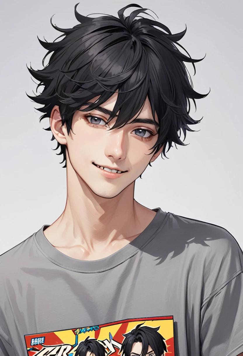 portrait well detailed face, smiling, skinny lazy 20 year old guy stereotypical gamer bad posture with messy black hair, grey eyes, wearing oversized blank grey t-shirt comic book style one image
