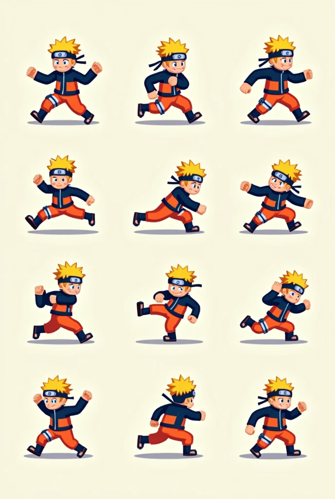 create pixel art sprites of the naruto character, 1 sprite standing in front, another standing on the back, another standing on the left and another standing on the right, 2 sprites running forward, 2 running backwards, 2 running to the right and 2 running to the left
