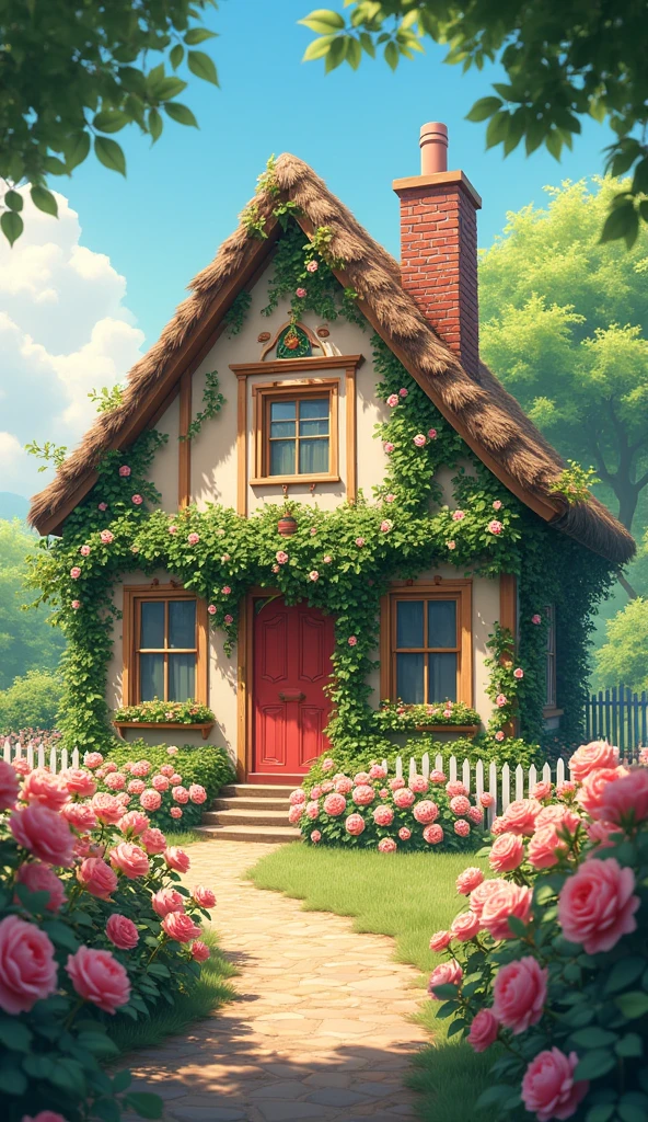 Rose-Clad Cottage": A cute cottage with roses climbing up its walls and over the roof. The front garden is a riot of colors with different varieties of roses, and a white picket fence adds to the charm. A small gate leads to a cobblestone path winding to the front door. [Digital illustration, inspired by Studio Ghibli and Hayao Miyazaki, with a touch of realism in the architecture and the foliage], [Soft, diffused lighting, focus on the roses and cottage, shallow depth of field, blurred background of blooming bushes, realistic textures, romantic colors].