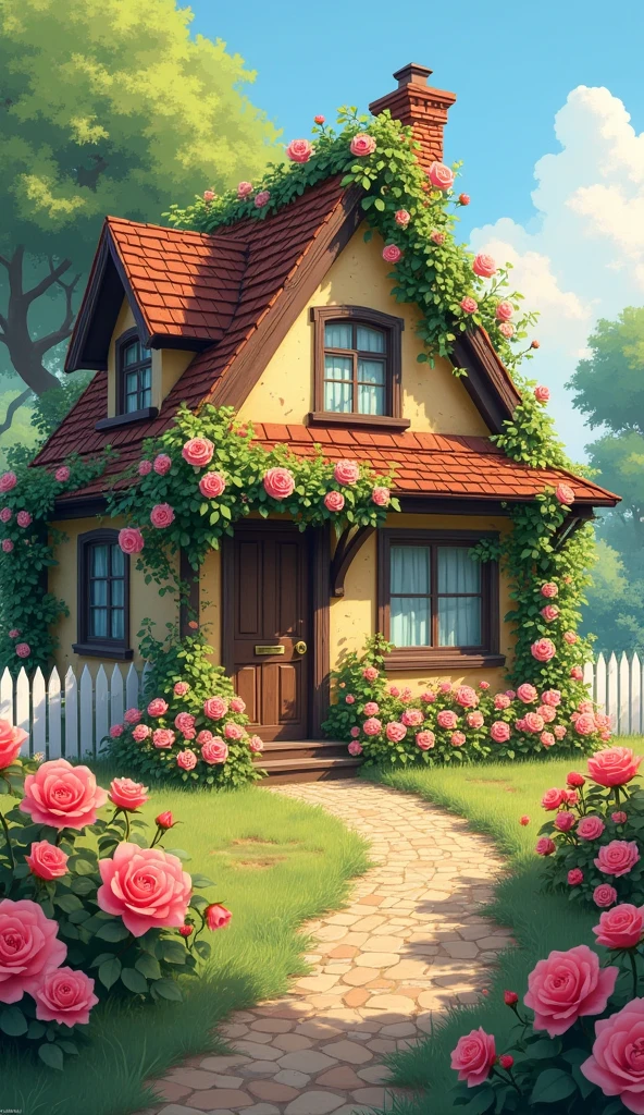 Rose-Clad Cottage": A cute cottage with roses climbing up its walls and over the roof. The front garden is a riot of colors with different varieties of roses, and a white picket fence adds to the charm. A small gate leads to a cobblestone path winding to the front door. [Digital illustration, inspired by Studio Ghibli and Hayao Miyazaki, with a touch of realism in the architecture and the foliage], [Soft, diffused lighting, focus on the roses and cottage, shallow depth of field, blurred background of blooming bushes, realistic textures, romantic colors].