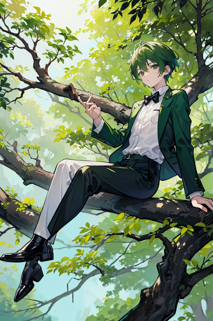 sitting on a high branch of a tree with green leaves、With short green hair、wearing a green suit jacket, a white shirt and black trousers.、He is wearing a black bow tie、Wearing brown boots、youth、