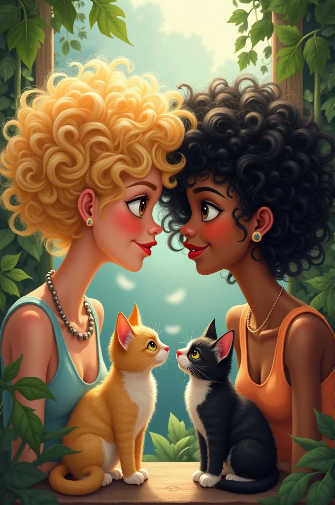 Create a drawing of a white woman with curly hair and a black curly hair woman with a ed cat and another black and white cat